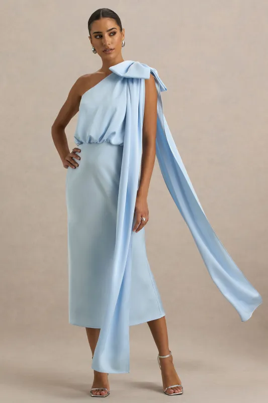 Celestia | Powder Blue Satin Asymmetric-Neck Midi Dress With Cape Detail sold by Club L London