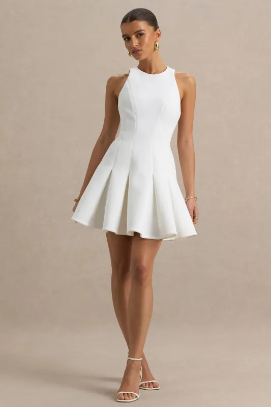 Leilani | White Racer-Neck Mini Dress With Ruffling Detail sold by Club L London