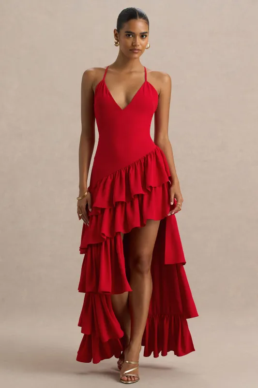 Bogota | Red Plunge-Neck Maxi Dress With Ruffling Details And Front High Split sold by Club L London
