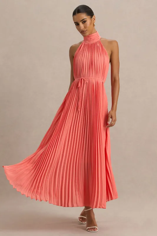 Tulip | Coral Pleated High-Neck Midi Dress sold by Club L London
