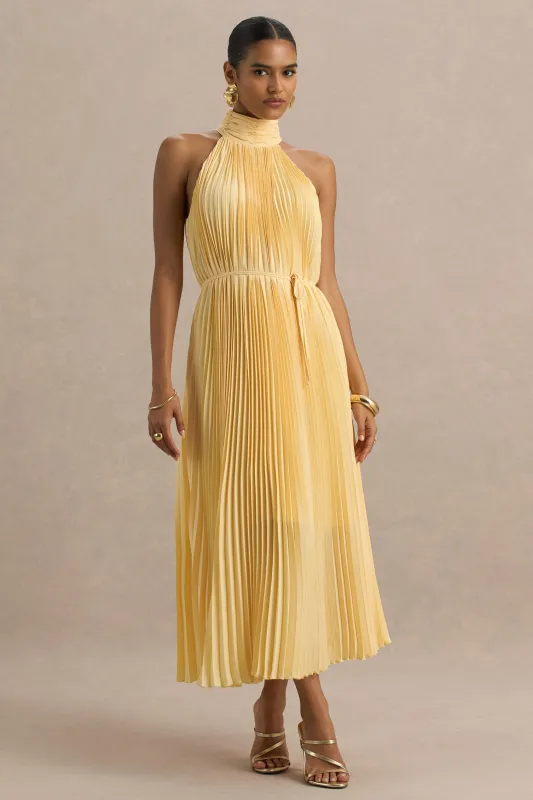 Tulip | Lemon Pleated High-Neck Midi Dress sold by Club L London