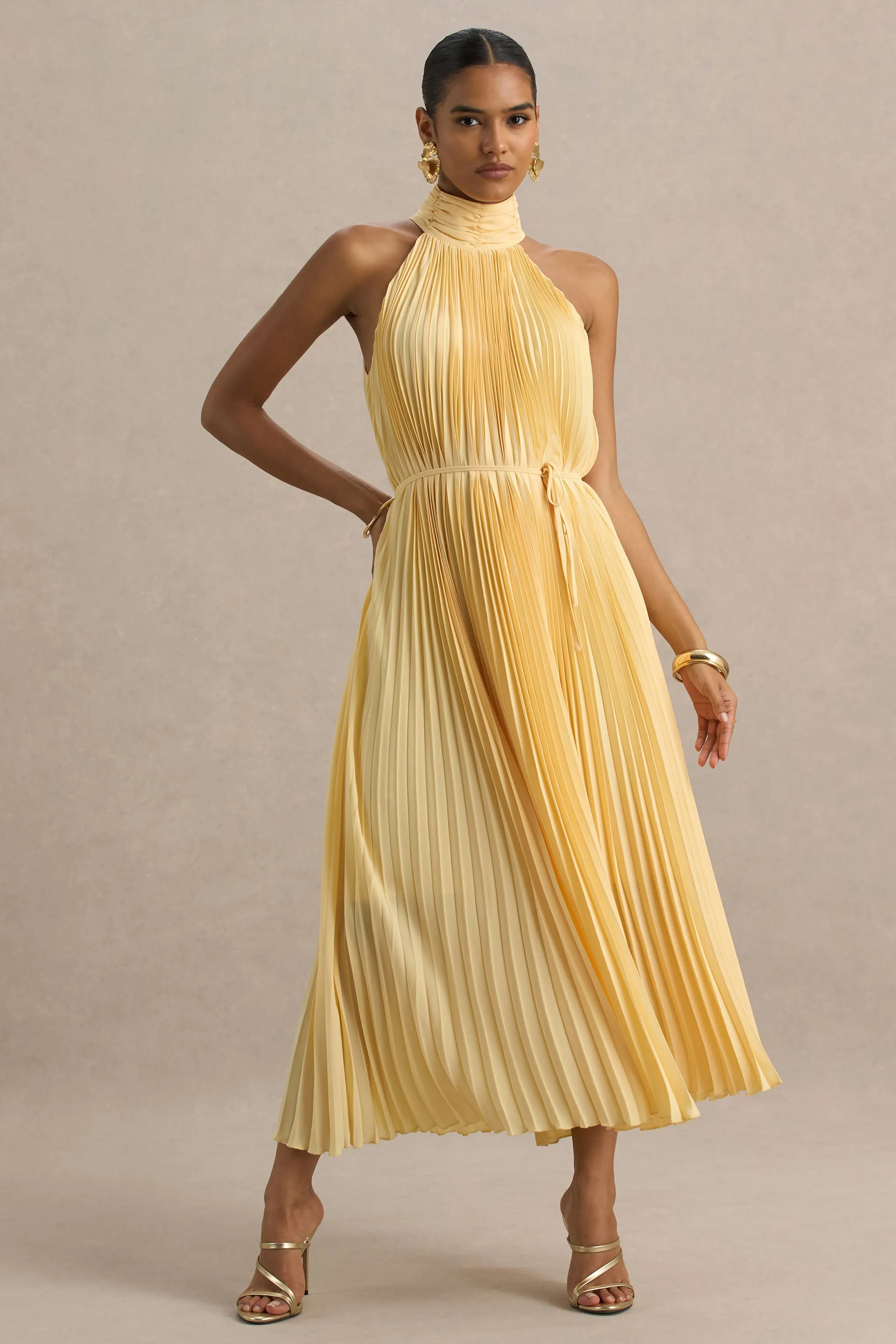 Tulip | Lemon Pleated High-Neck Midi Dress sold by Club L London product image thumbnail 3