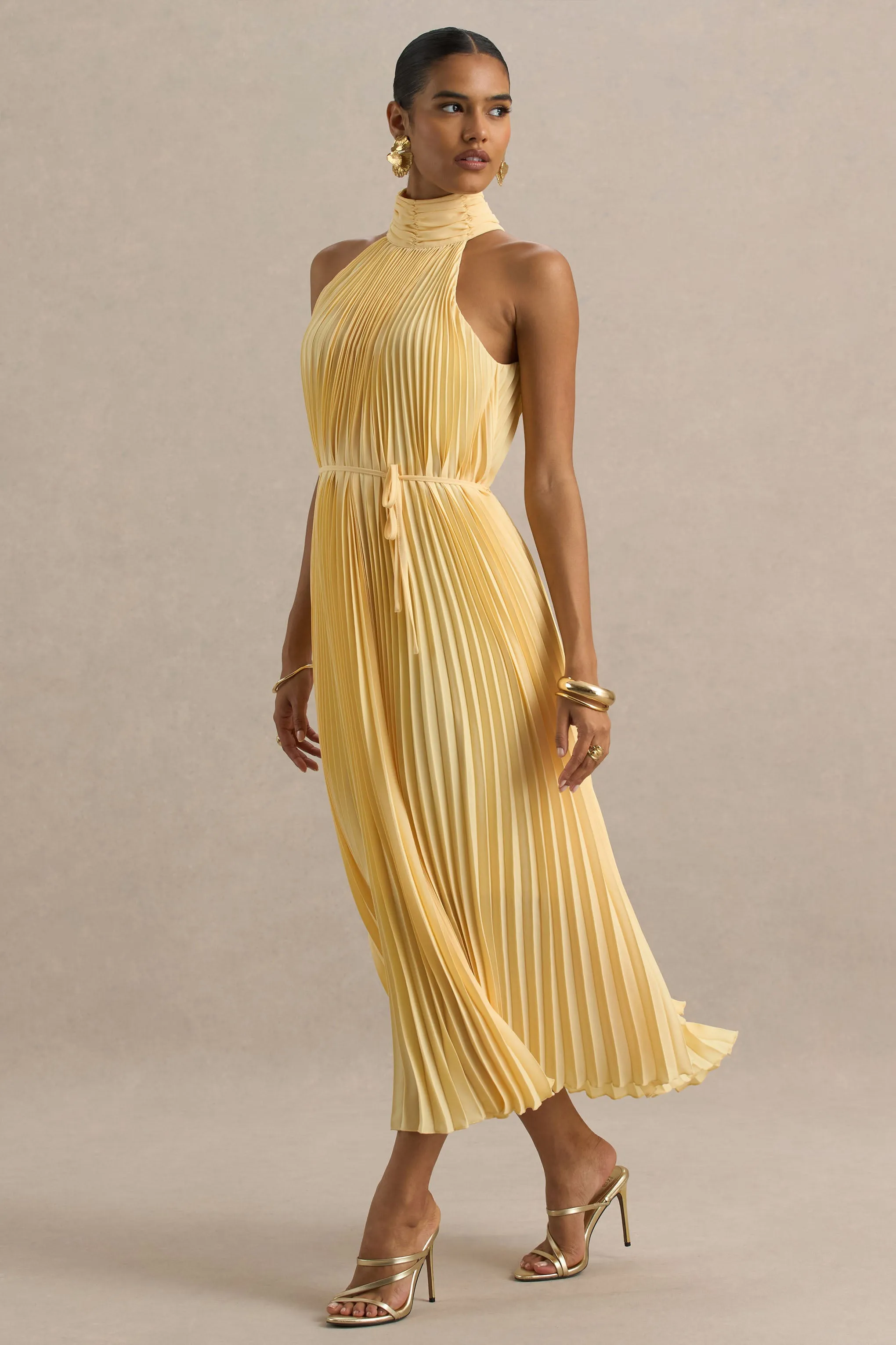 Tulip | Lemon Pleated High-Neck Midi Dress sold by Club L London product image thumbnail 4