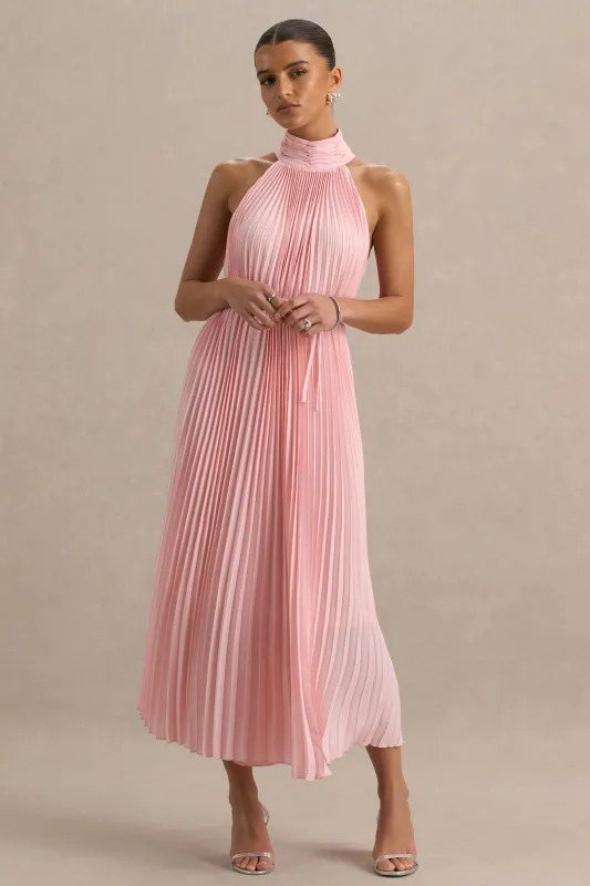 Tulip | Blush Pink Pleated High-Neck Midi Dress sold by Club L London