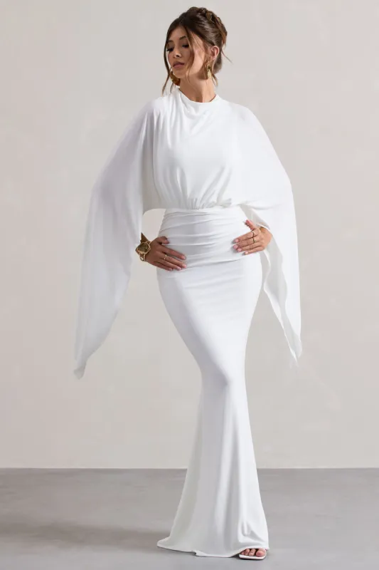 Shea | White High-Neck Cape Sleeve Maxi Dress sold by Club L London