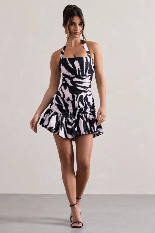 Zahra | Zebra Print Halter-Neck Ruched Mini Dress With Ruffle Hem made by Club L London