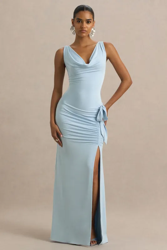 Pure Affection | Powder Blue Cowl-Neck Maxi Dress With Ruched Detailing And Front High Split sold by Club L London