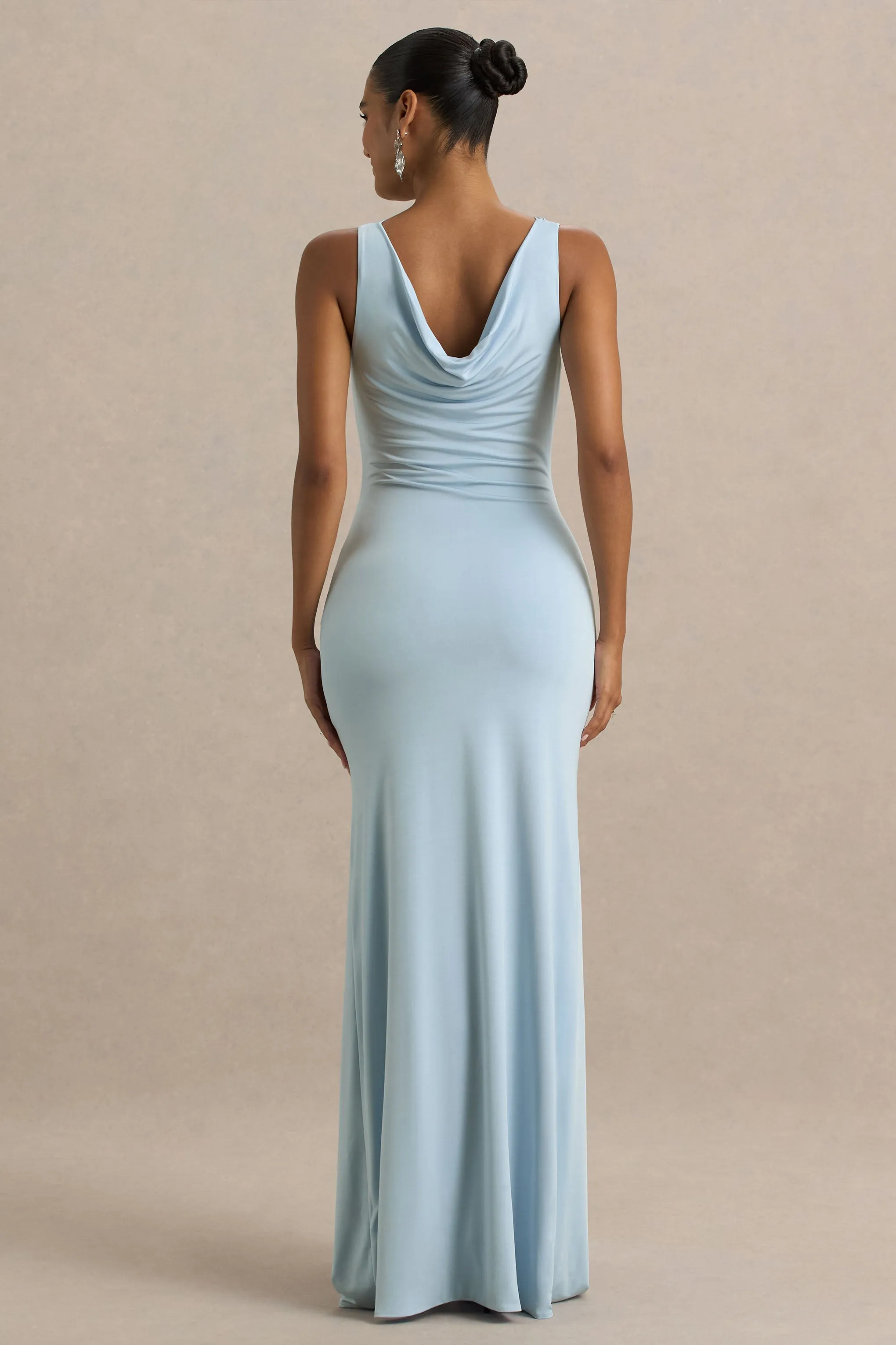 Pure Affection | Powder Blue Cowl-Neck Maxi Dress With Ruched Detailing And Front High Split sold by Club L London product image thumbnail 2