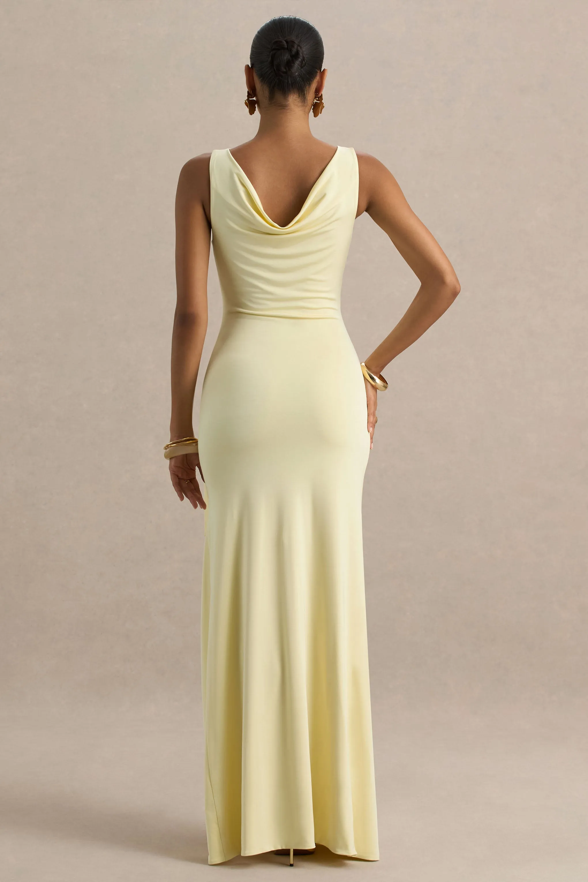 Pure Affection | Pale Lemon Cowl-Neck Maxi Dress With Ruched Detailing And Front High Split sold by Club L London product image thumbnail 2
