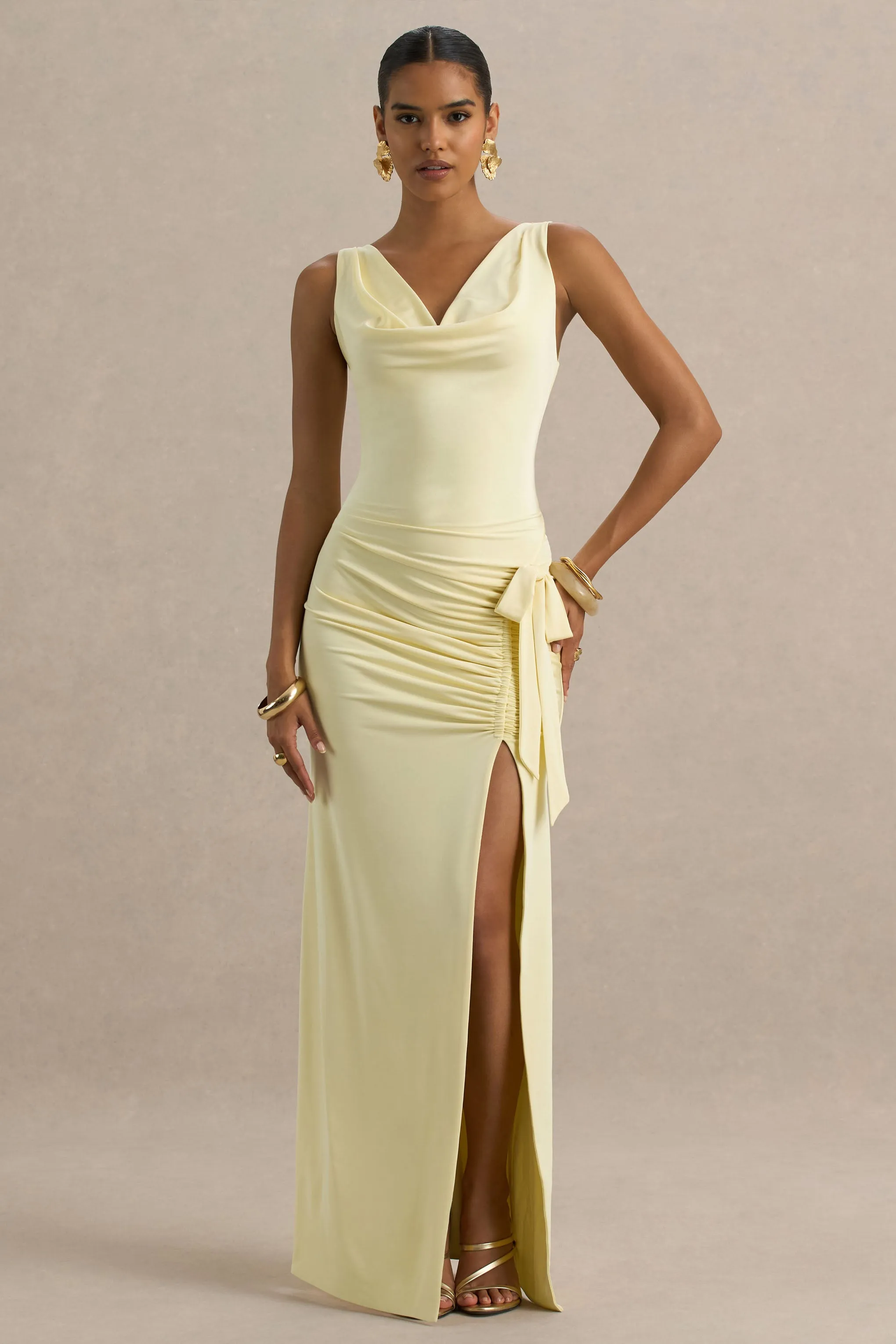 Pure Affection | Pale Lemon Cowl-Neck Maxi Dress With Ruched Detailing And Front High Split sold by Club L London product image thumbnail 3