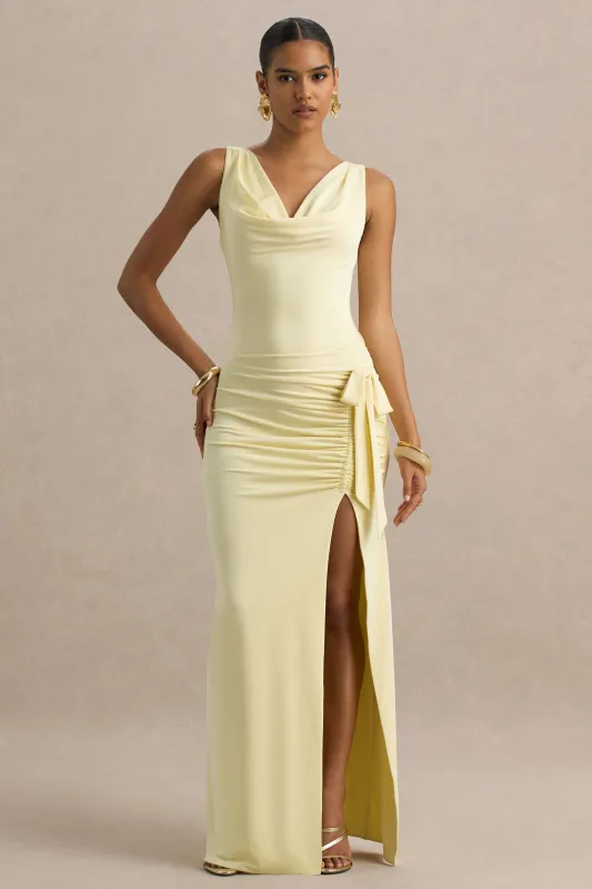 Pure Affection | Pale Lemon Cowl-Neck Maxi Dress With Ruched Detailing And Front High Split sold by Club L London