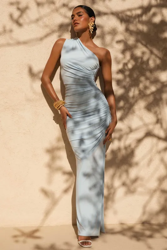 Daphne | Powder Blue Asymmetric-Neck Maxi Dress With Ruched Detailing sold by Club L London