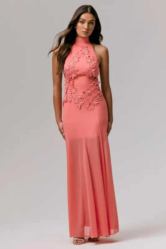 Just Like Magic | Coral High-Neck Maxi Dress With Lace Detailing sold by Club L London