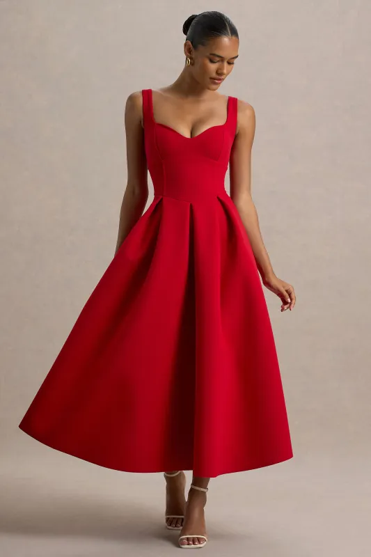 Rosemary | Red Sweetheart-Neck Midi Dress sold by Club L London