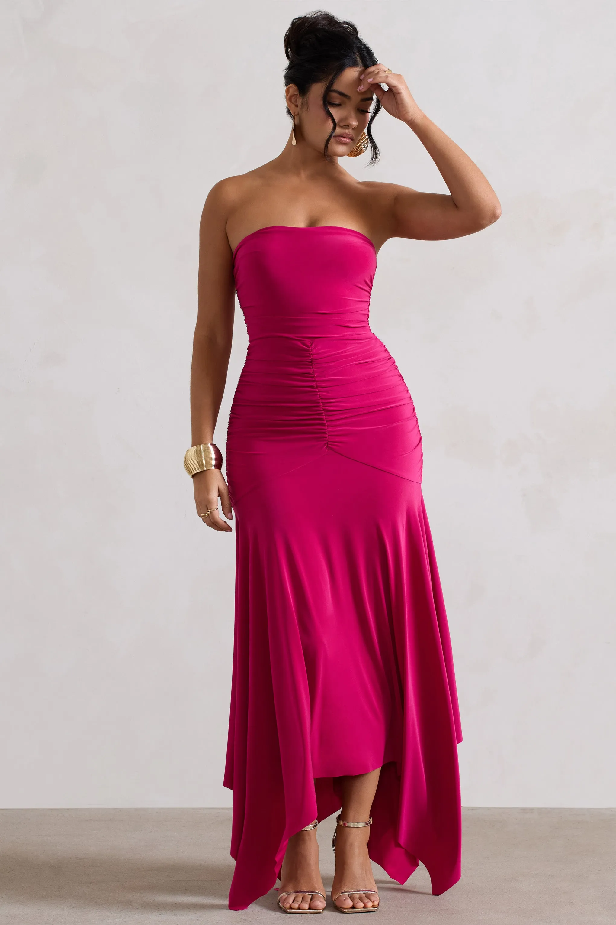 Florianne | Hot Pink Ruched Bandeau Midi Dress sold by Club L London