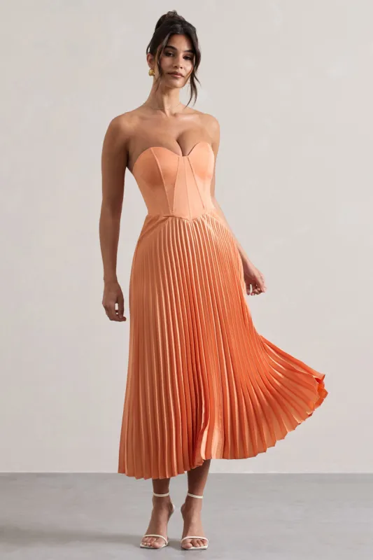 Bordeaux | Peach Satin Corset Style Midi Dress sold by Club L London