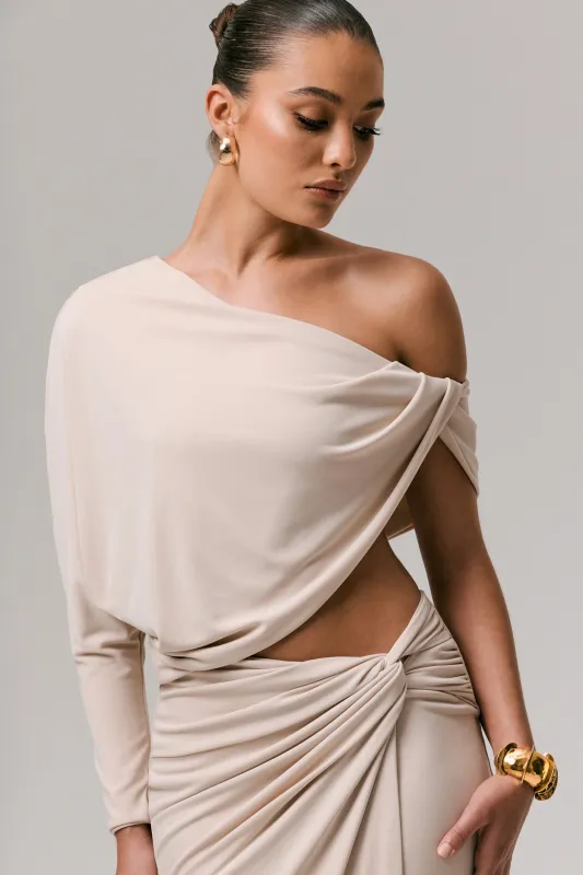 Dua | Stone Asymmetric One-Sleeve Draped Top sold by Club L London