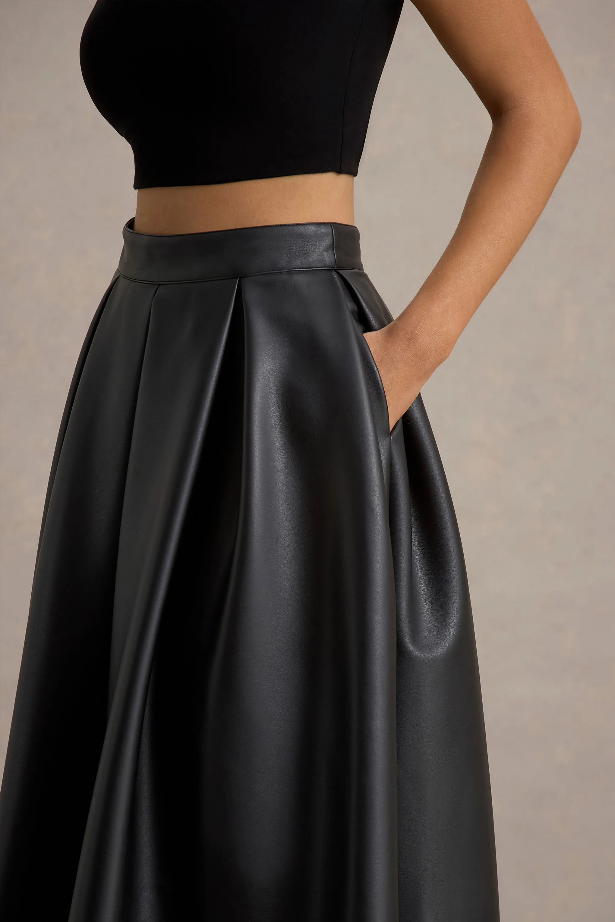 Noa | Black Faux Leather A-Line Midi Skirt sold by Club L London product image thumbnail 5