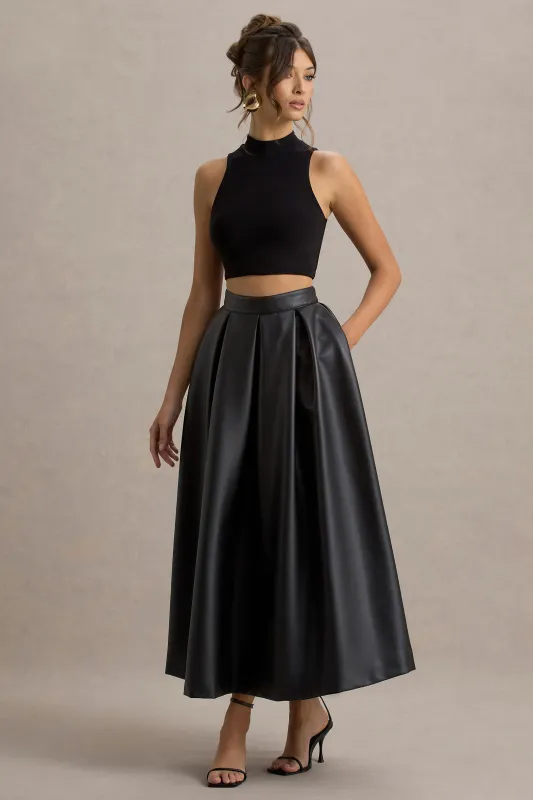 Noa | Black Faux Leather A-Line Midi Skirt sold by Club L London