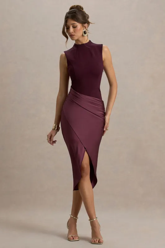 All Yours | Dark Cherry Satin High-Neck Wrap Midi Dress sold by Club L London