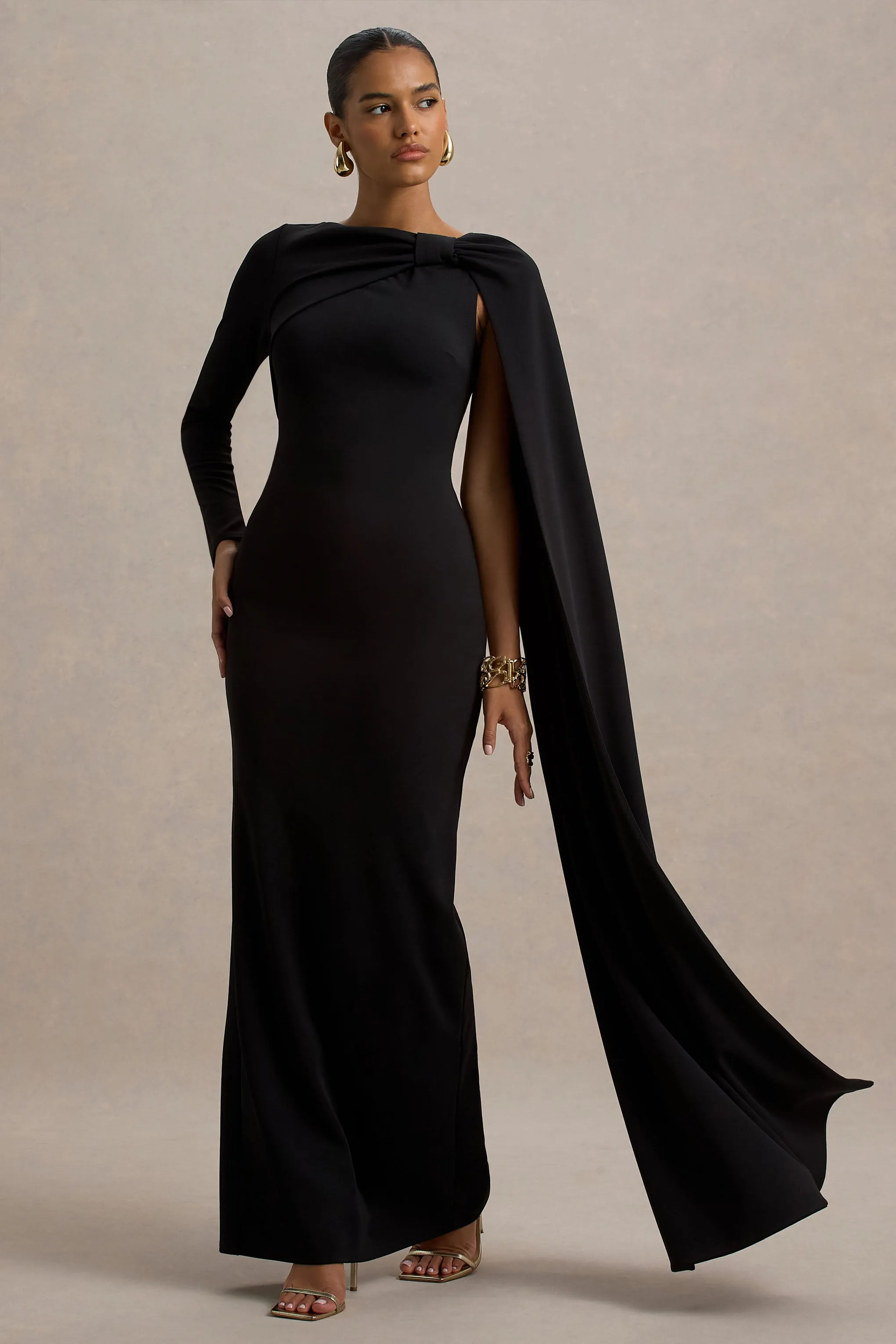 Frances | Black High-Neck Maxi Dress With Cape Detail sold by Club L London product image thumbnail 5