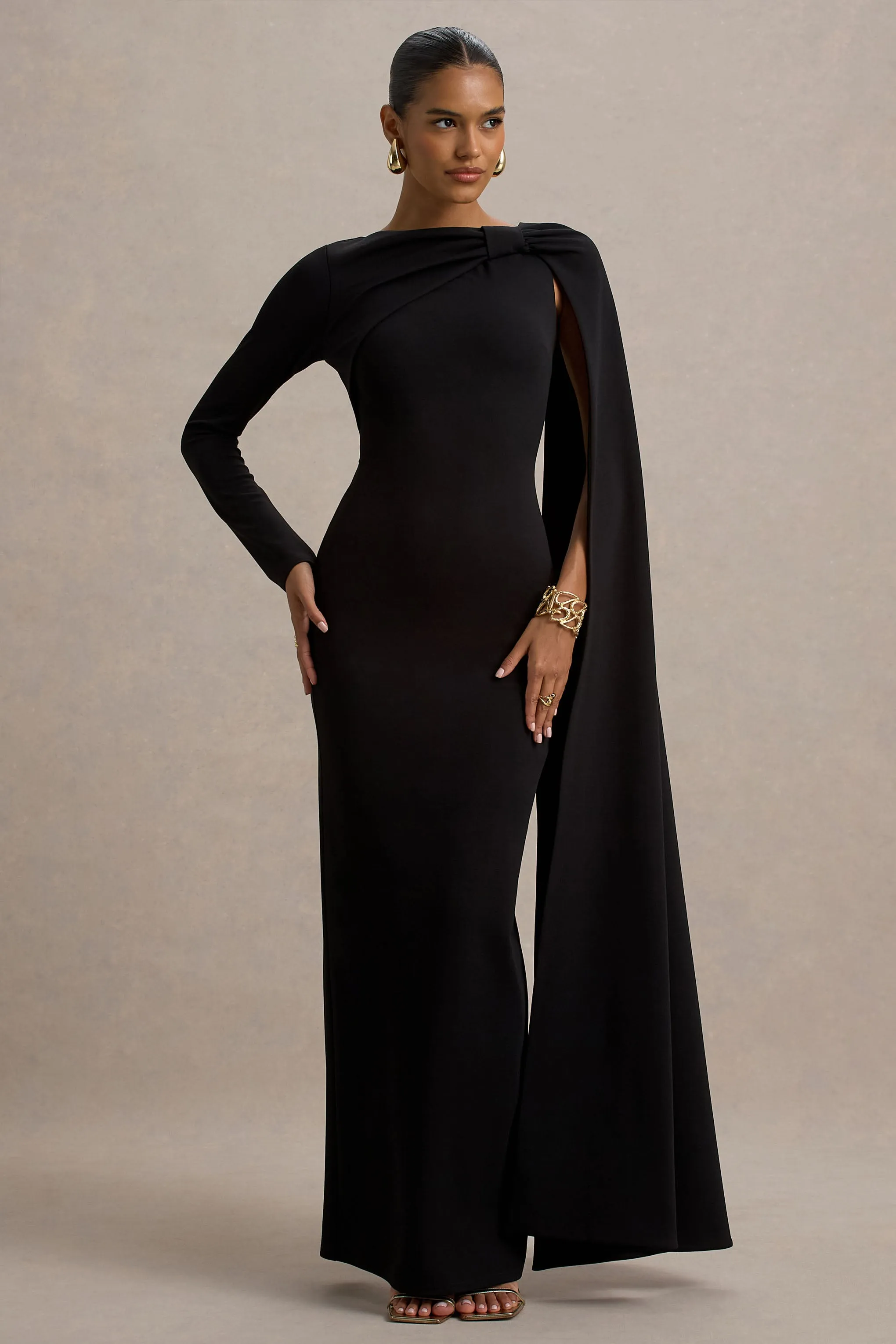Frances | Black High-Neck Maxi Dress With Cape Detail sold by Club L London