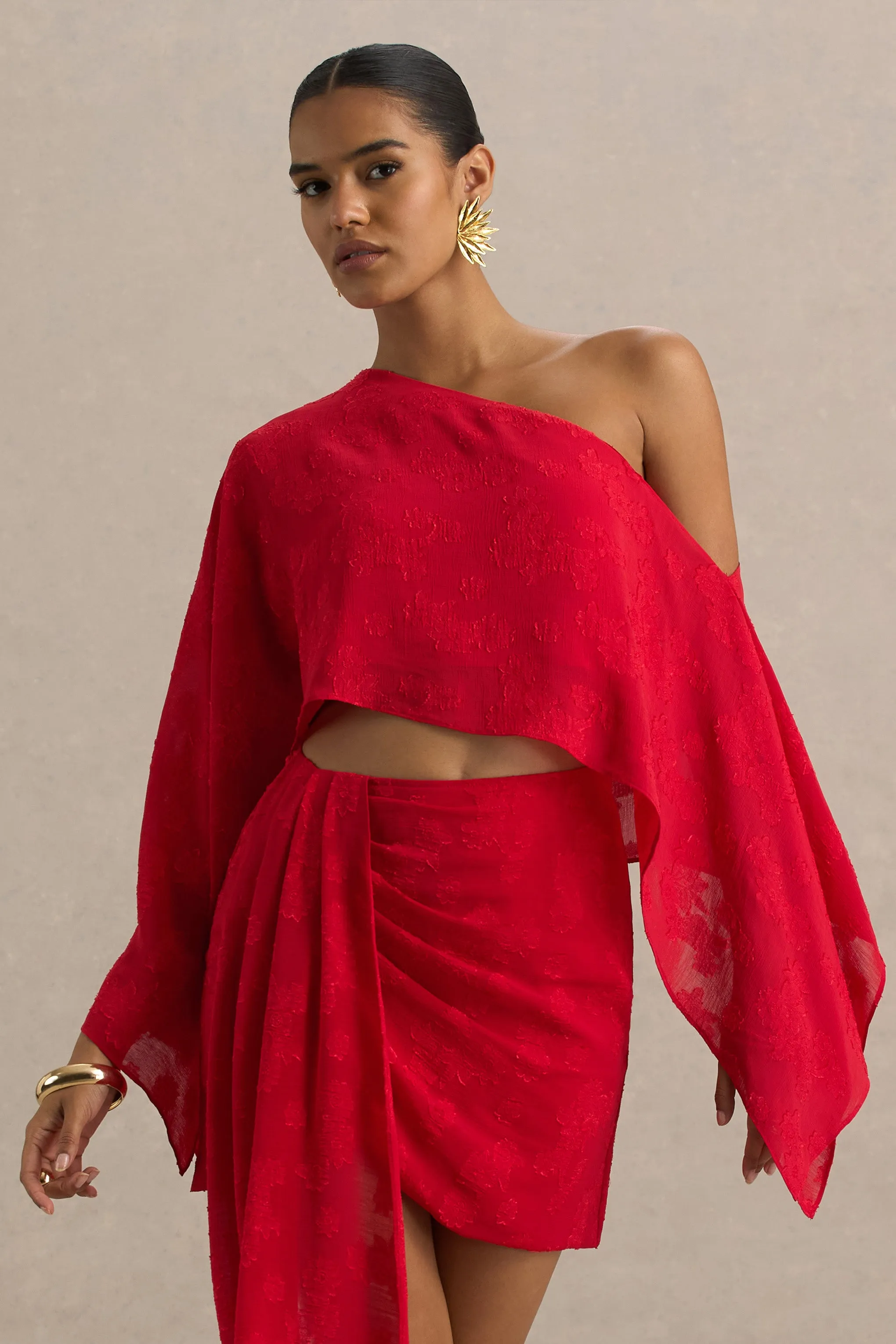 Aruba | Red Satin Devore Asymmetric Long-Sleeve Crop Top sold by Club L London