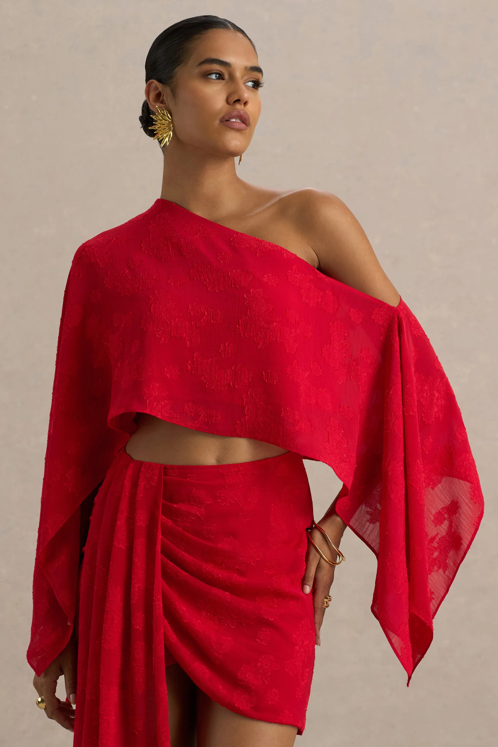 Aruba | Red Satin Devore Asymmetric Long-Sleeve Crop Top sold by Club L London product image thumbnail 4