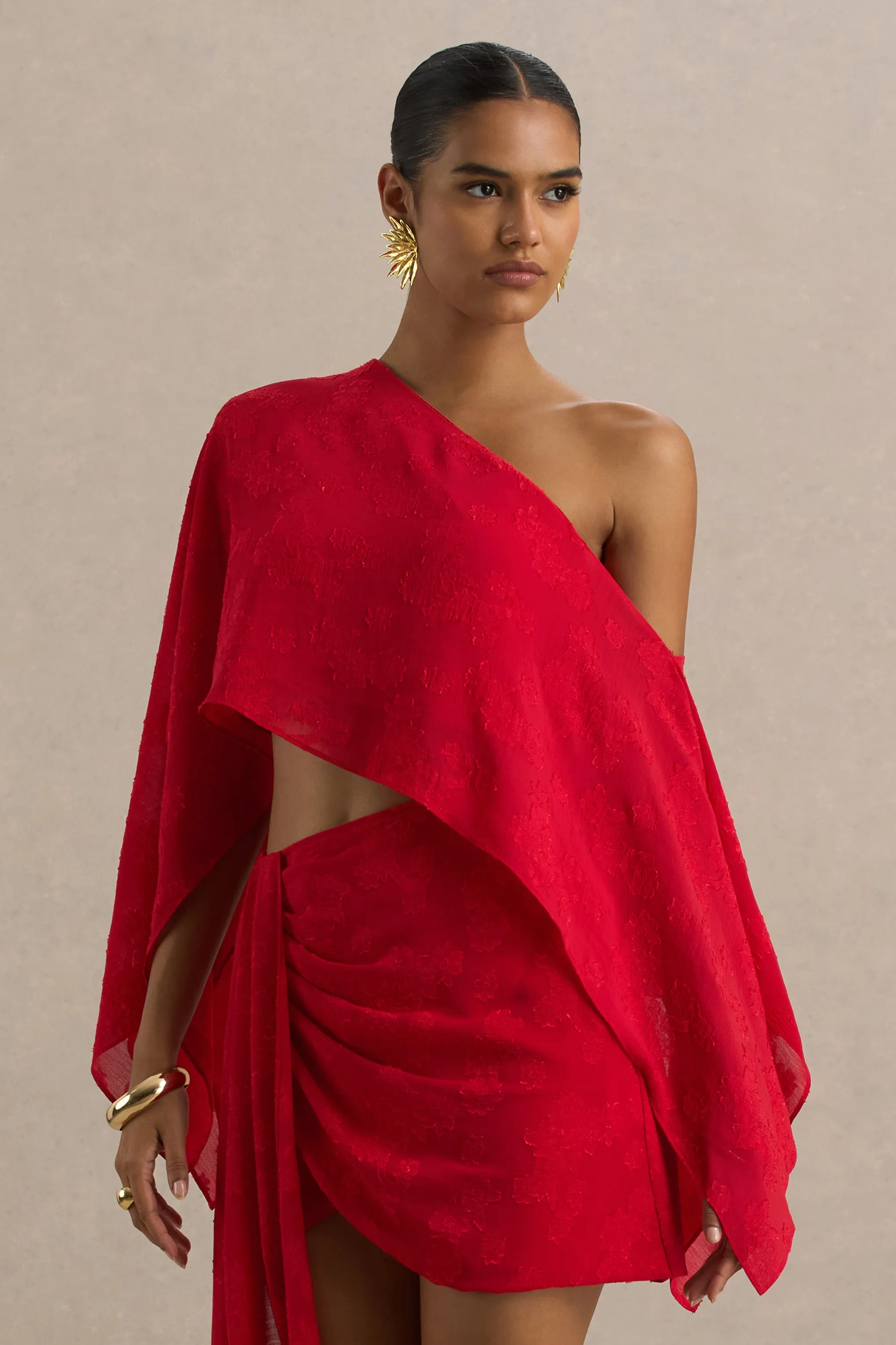 Aruba | Red Satin Devore Asymmetric Long-Sleeve Crop Top sold by Club L London product image thumbnail 3