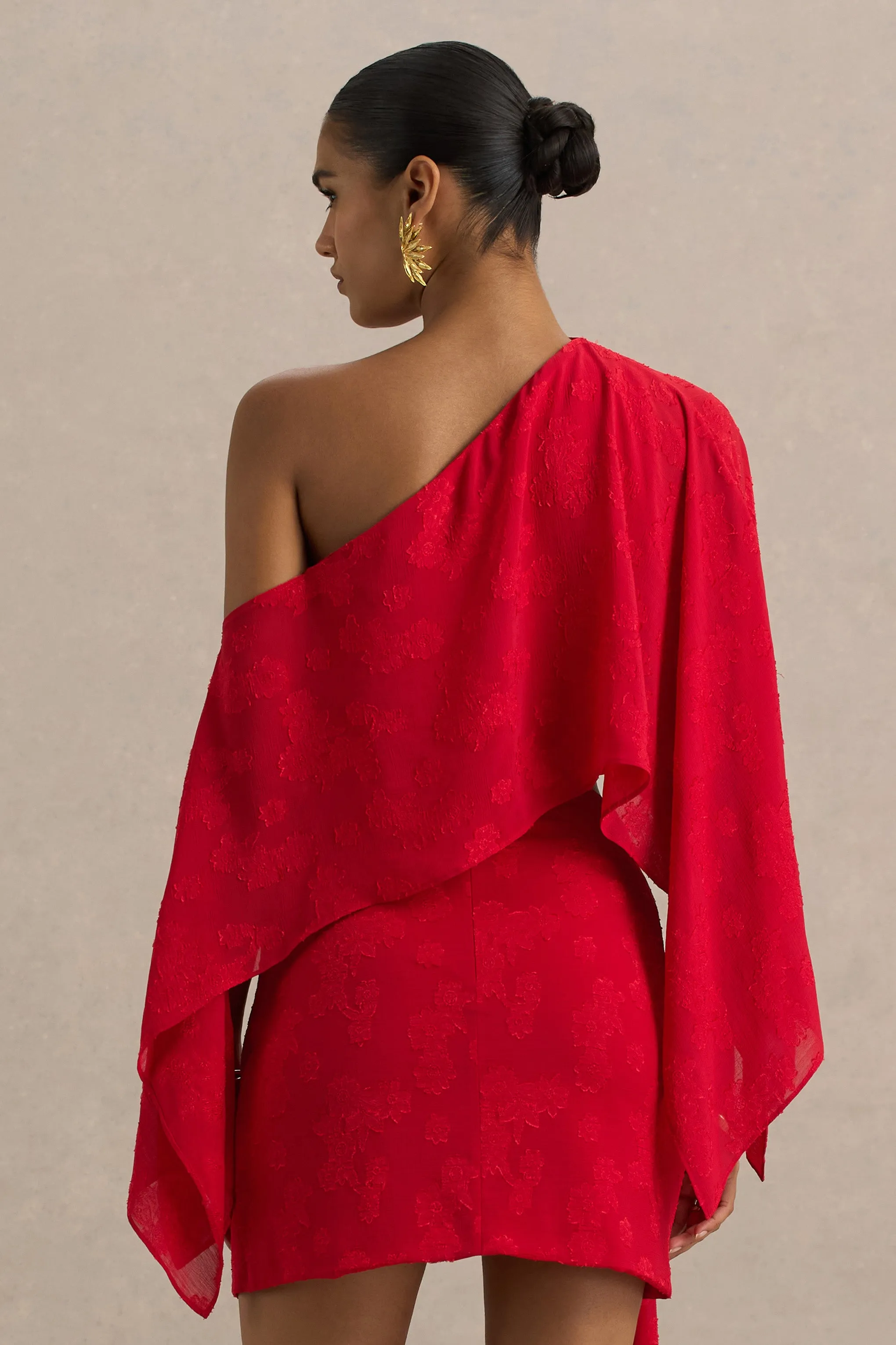 Aruba | Red Satin Devore Asymmetric Long-Sleeve Crop Top sold by Club L London product image thumbnail 2