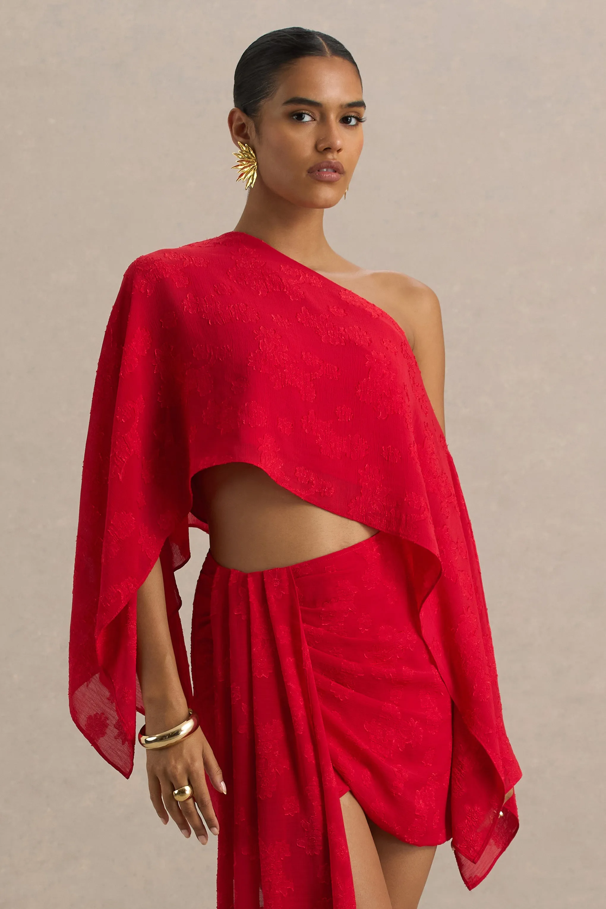 Aruba | Red Satin Devore Asymmetric Long-Sleeve Crop Top sold by Club L London product image thumbnail 5