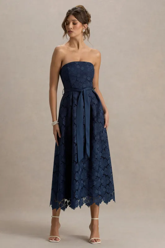 Shania | Navy Lace Bandeau Skater Midi Dress sold by Club L London