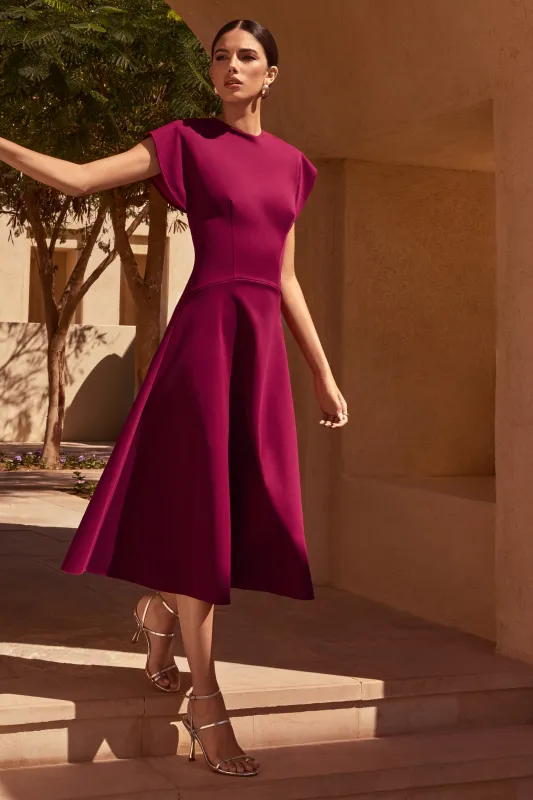 Linda | Dark Cherry Crew-Neck Cap-Sleeve Midi Dress sold by Club L London