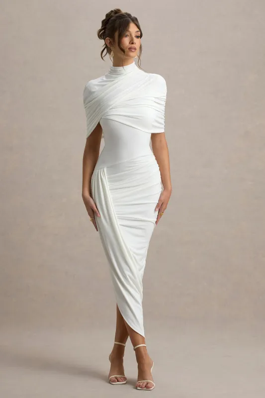 Enchant | White Asymmetric Twisted Cape Midi Dress sold by Club L London