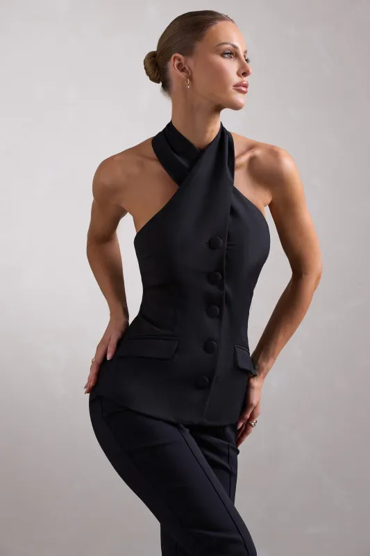 Remi | Black Cross Halter Neck Sleeveless Tailored Top sold by Club L London