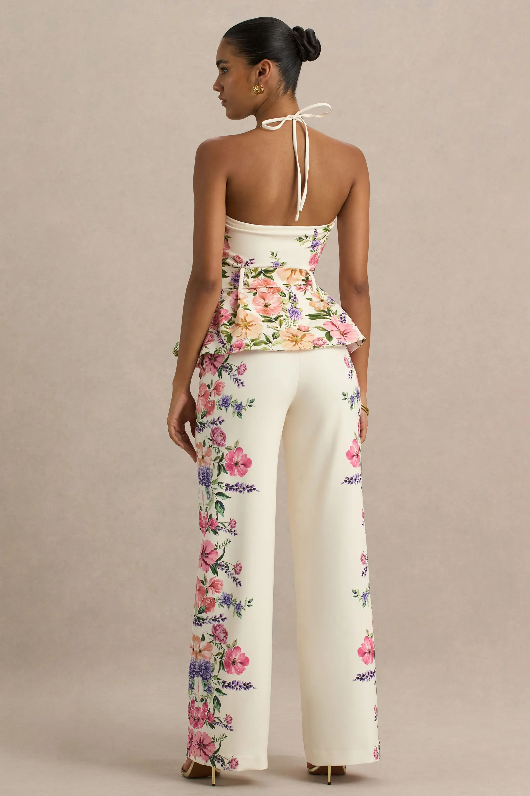 Solana | White Floral Border Print Wide-Leg Trousers sold by Club L London product image thumbnail 2