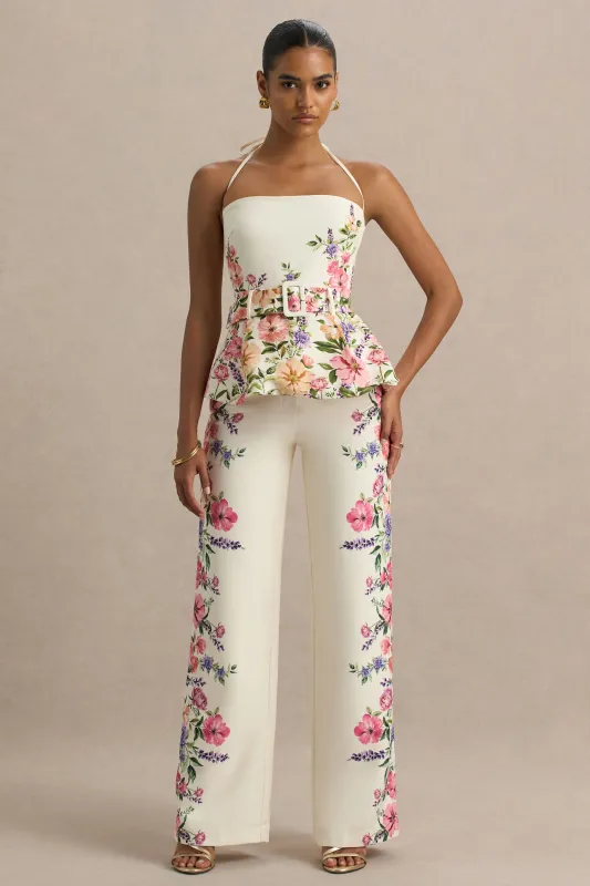 Solana | White Floral Border Print Wide-Leg Trousers sold by Club L London