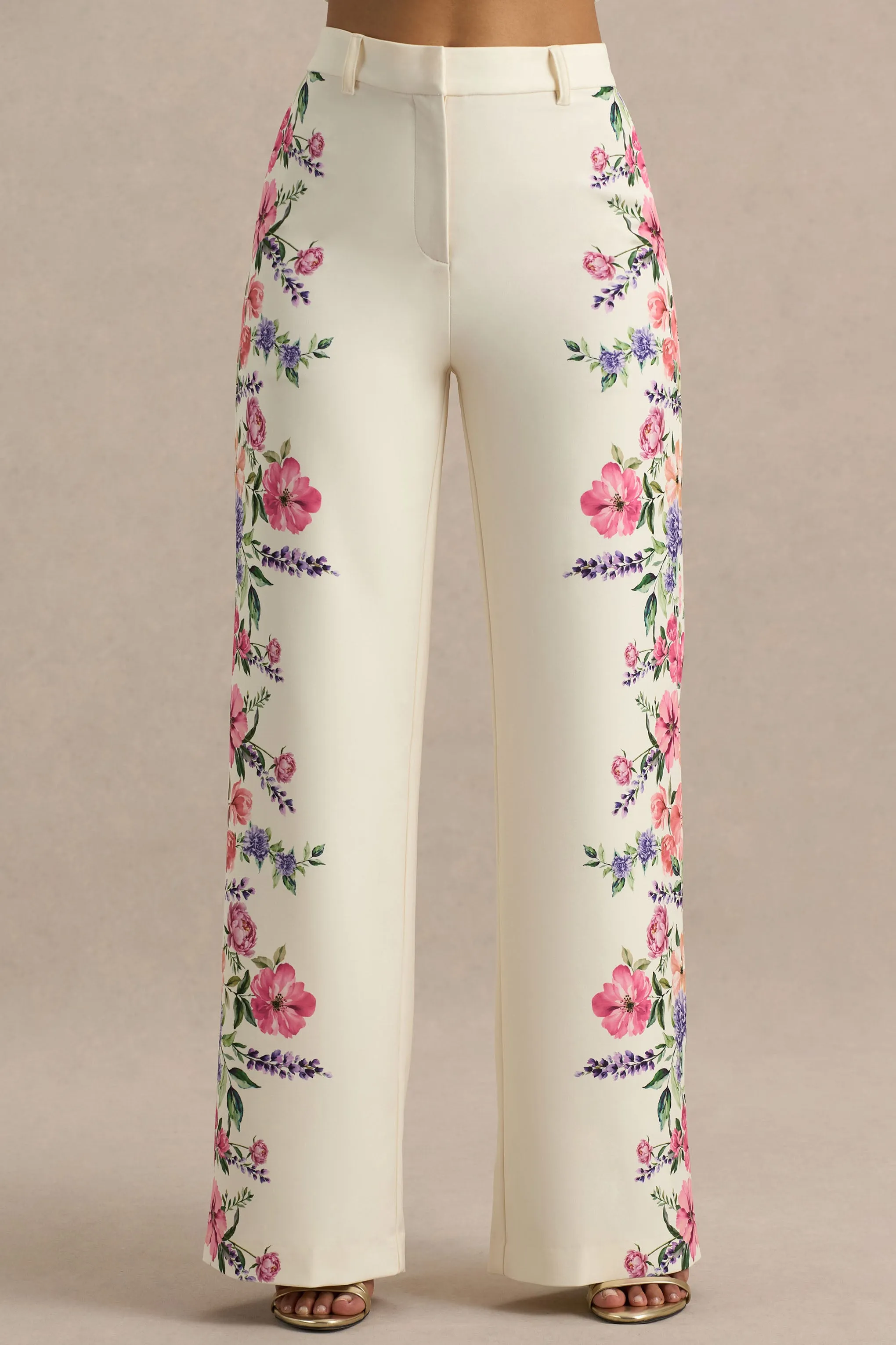 Solana | White Floral Border Print Wide-Leg Trousers sold by Club L London product image thumbnail 3