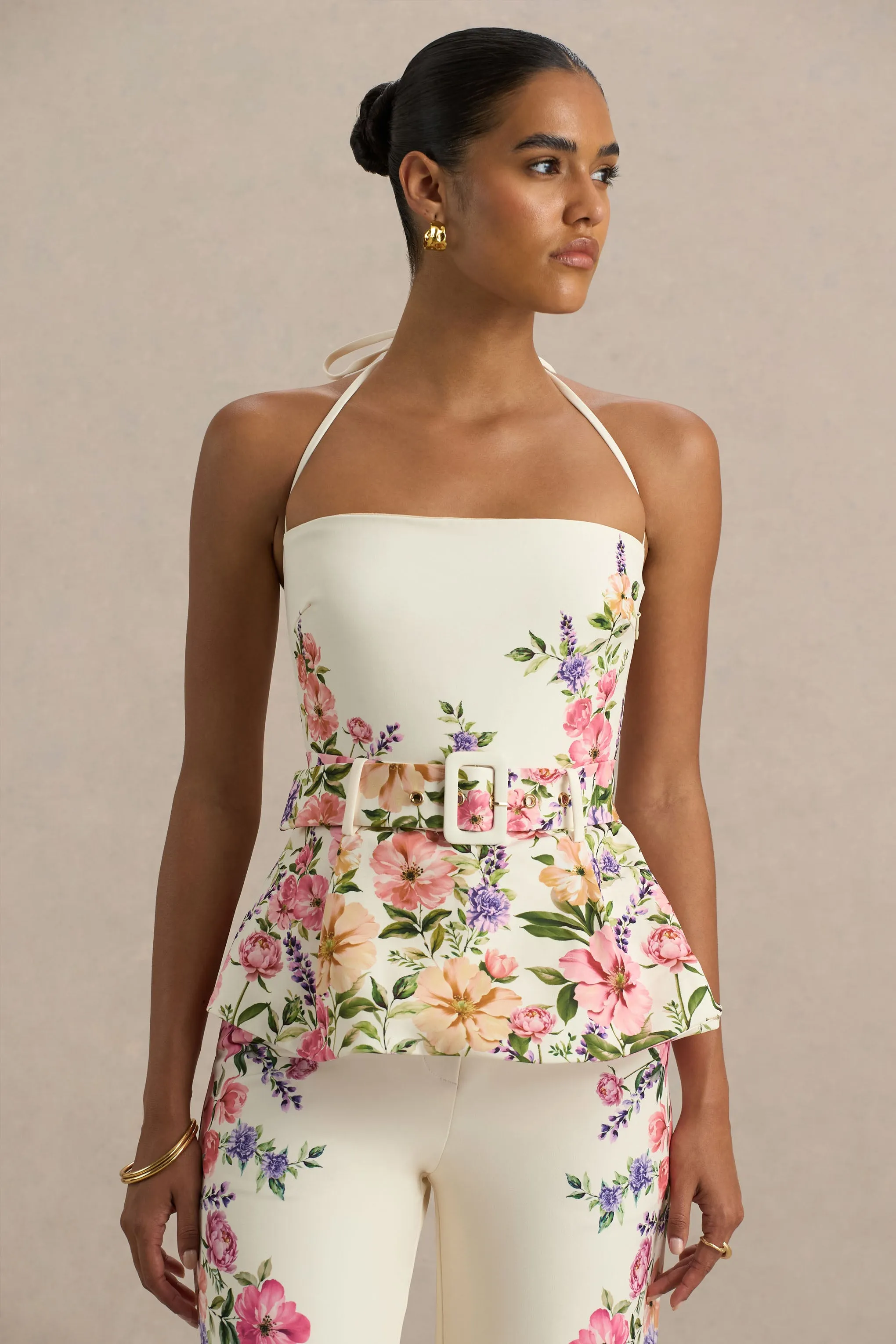 Maud | White Floral Border Print Square-Neck Tailored Top sold by Club L London product image thumbnail 5