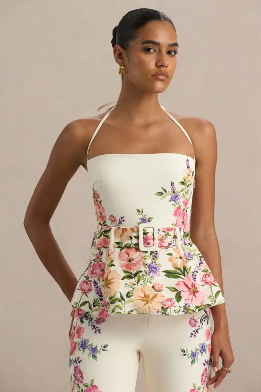 Maud | White Floral Border Print Square-Neck Tailored Top sold by Club L London