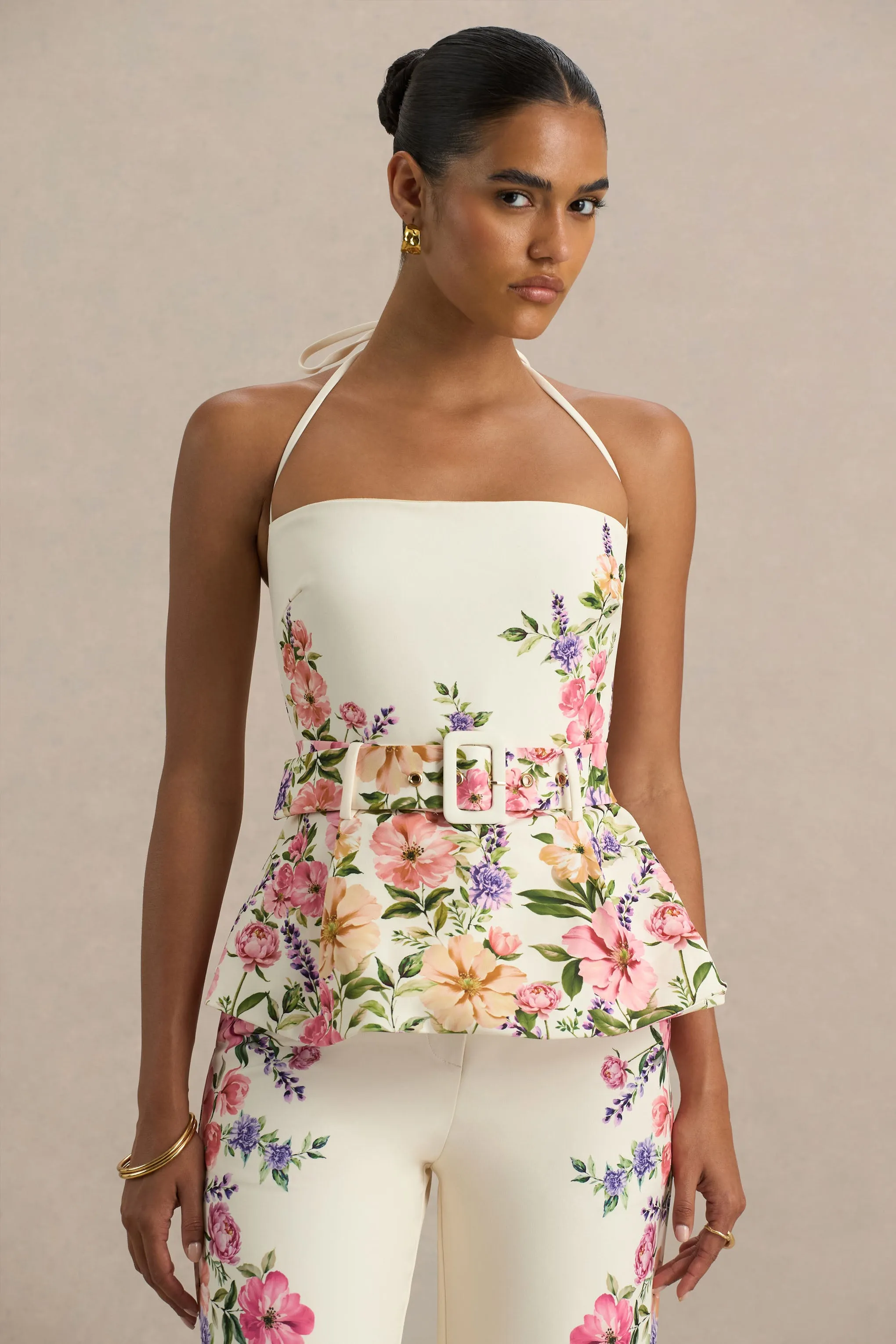 Maud | White Floral Border Print Square-Neck Tailored Top sold by Club L London product image thumbnail 3
