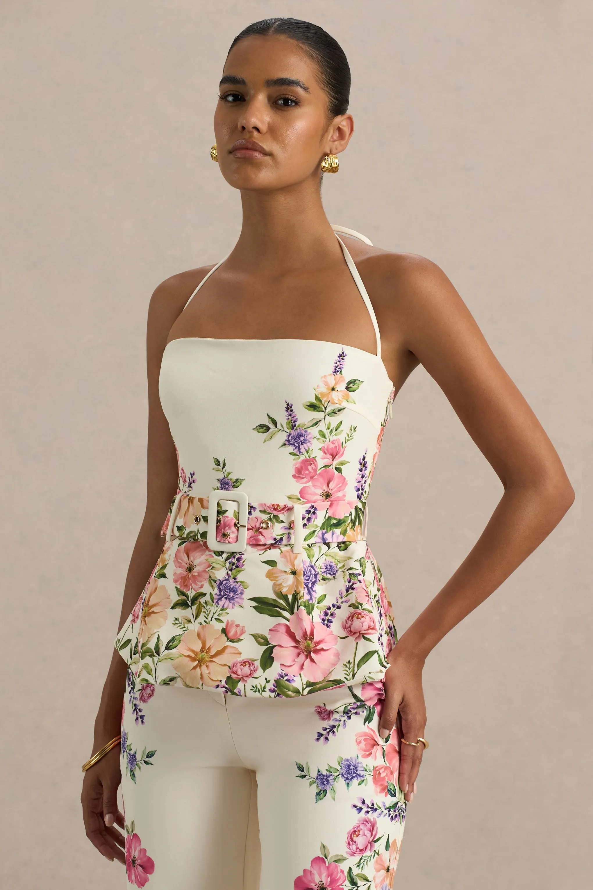 Maud | White Floral Border Print Square-Neck Tailored Top sold by Club L London product image thumbnail 4