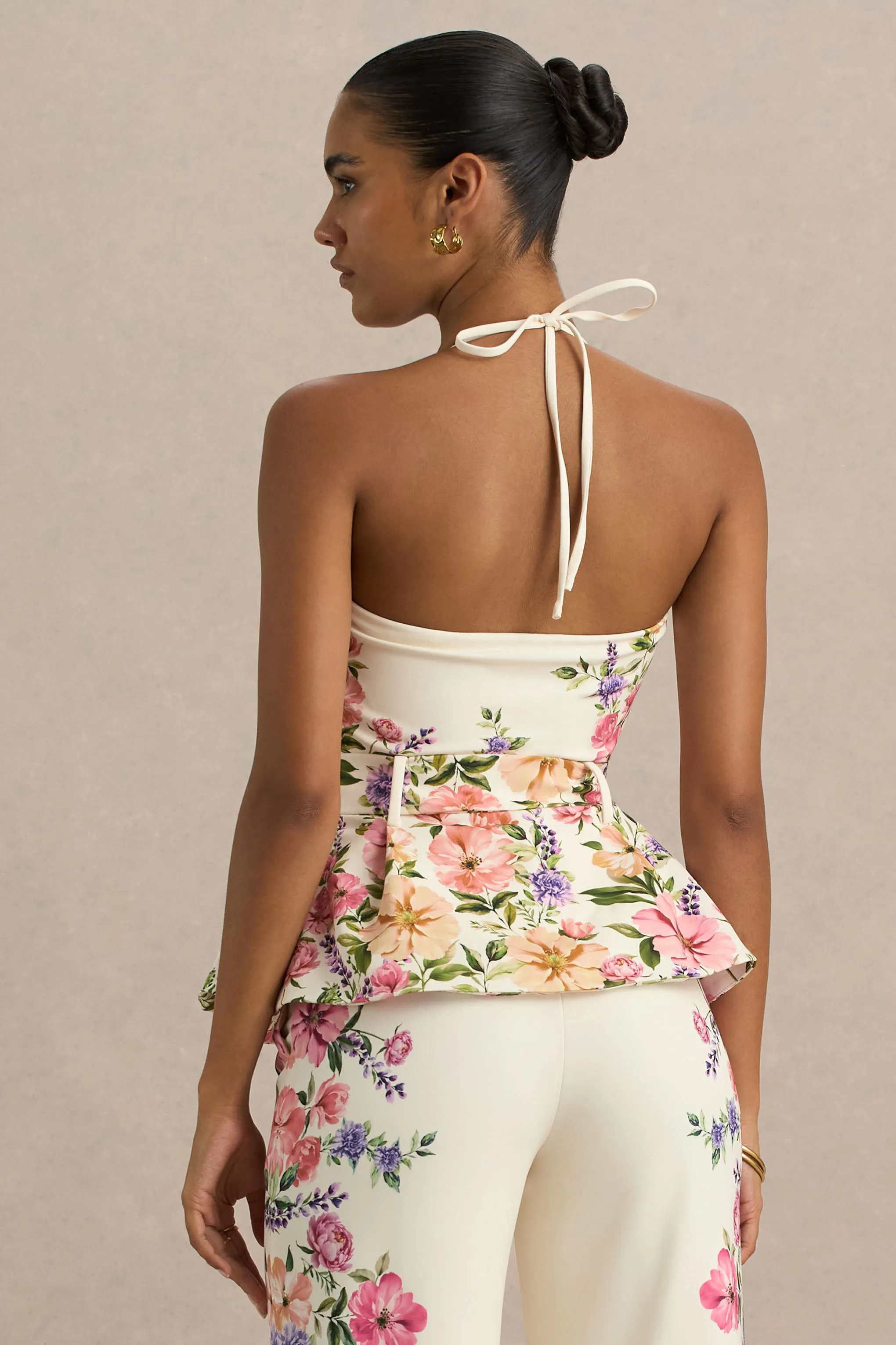 Maud | White Floral Border Print Square-Neck Tailored Top sold by Club L London product image thumbnail 2