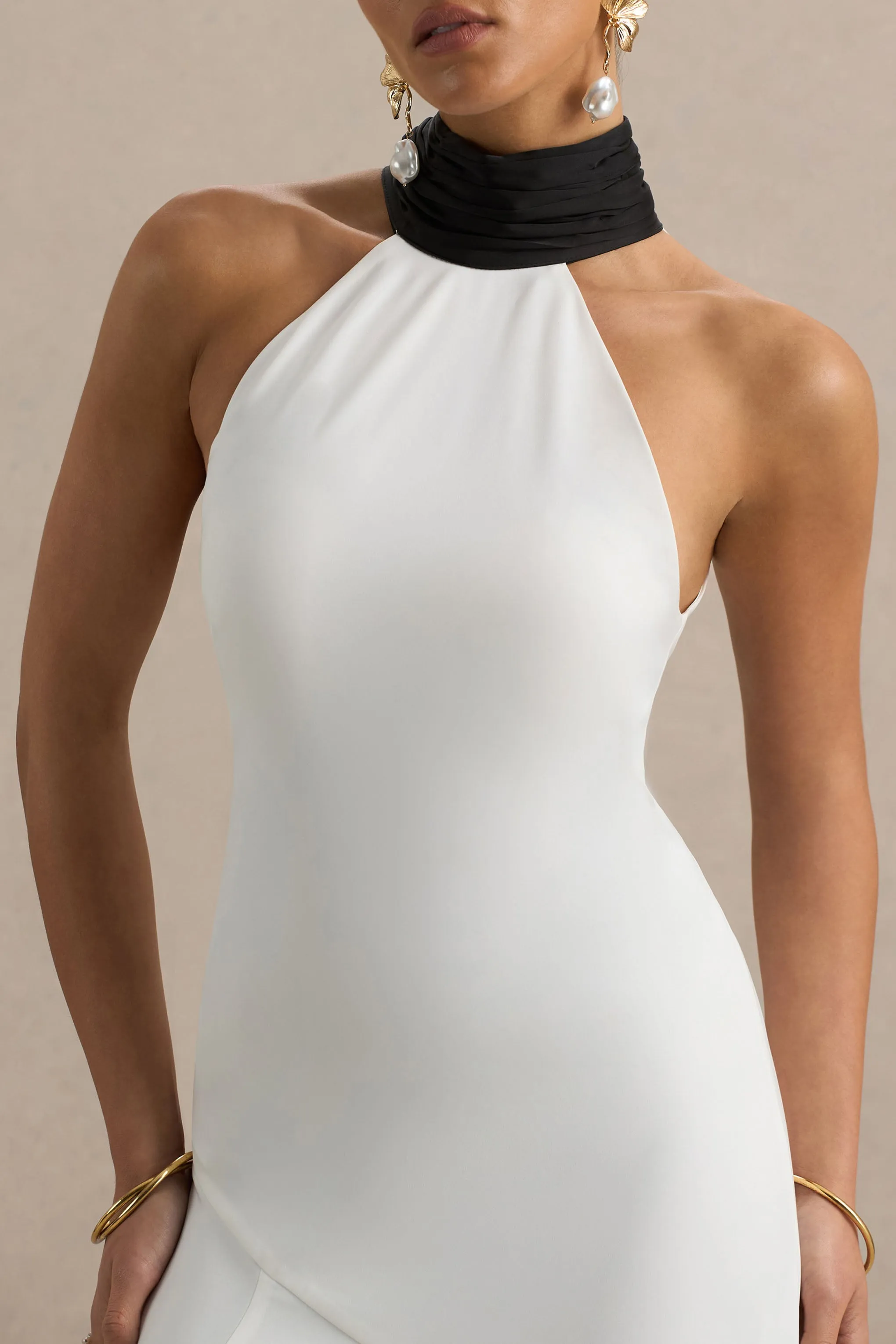 Luscious | White And Black High-Neck Maxi Dress With Drop-Waist And Bow Detail sold by Club L London product image thumbnail 4