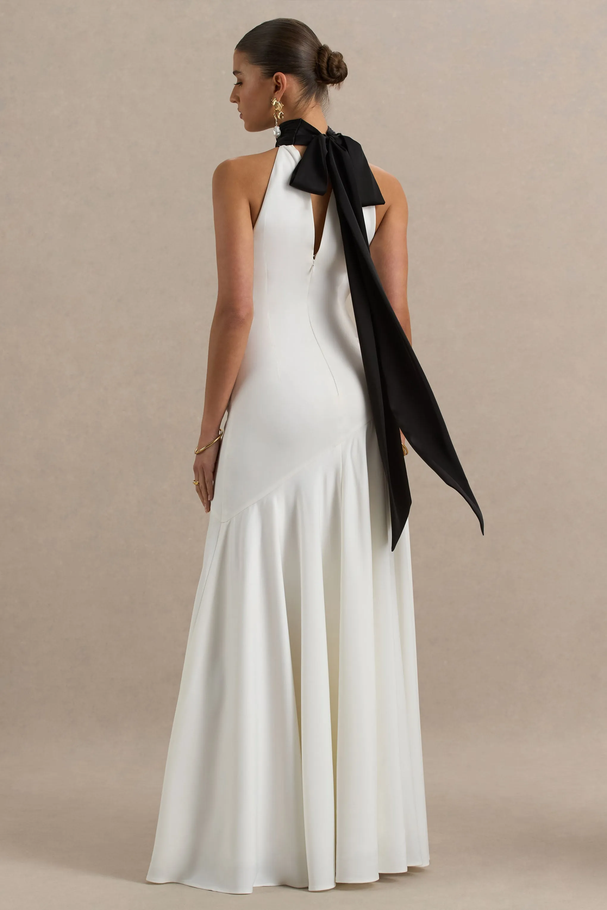 Luscious | White And Black High-Neck Maxi Dress With Drop-Waist And Bow Detail sold by Club L London product image thumbnail 2