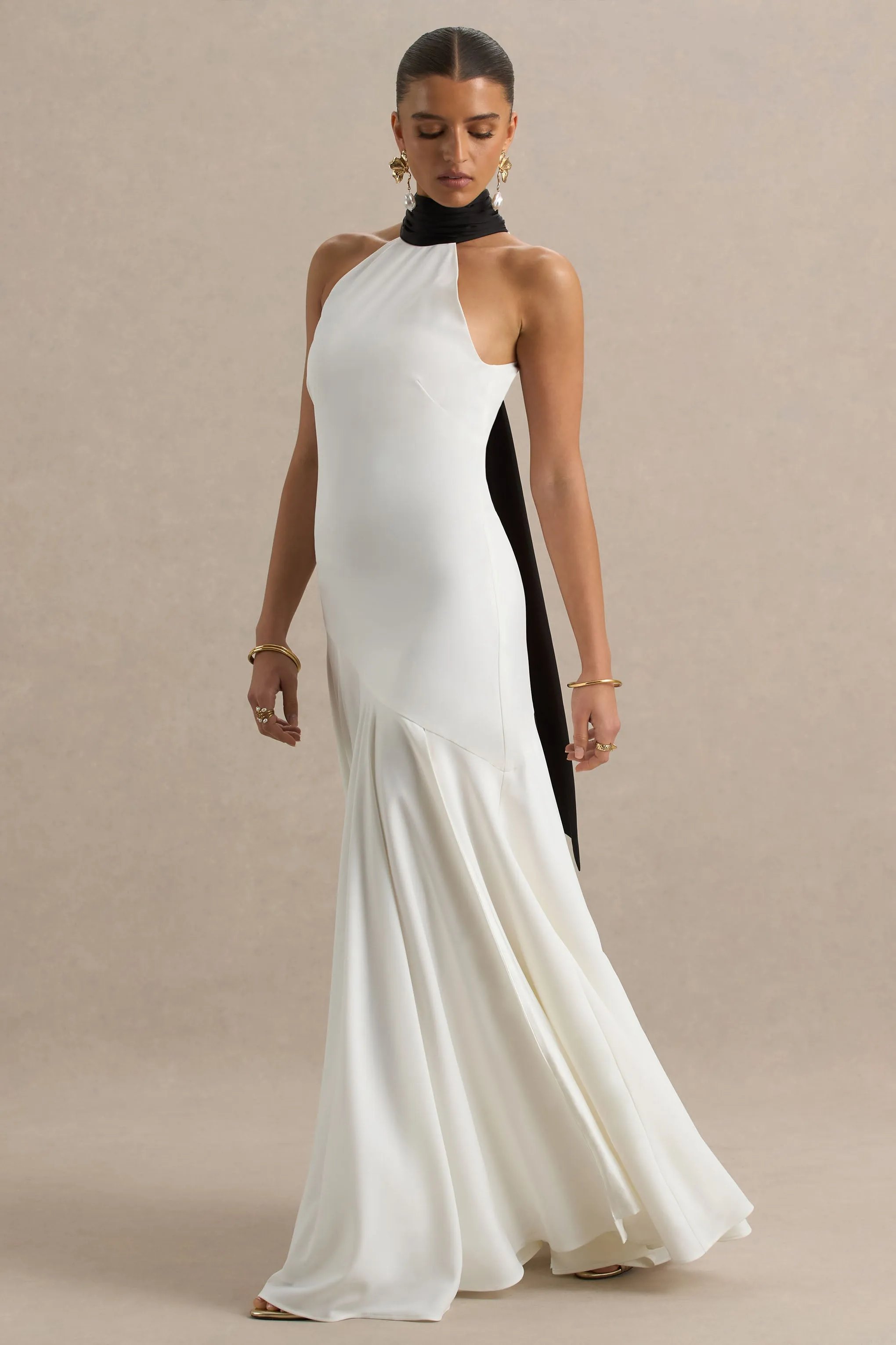 Luscious | White And Black High-Neck Maxi Dress With Drop-Waist And Bow Detail sold by Club L London