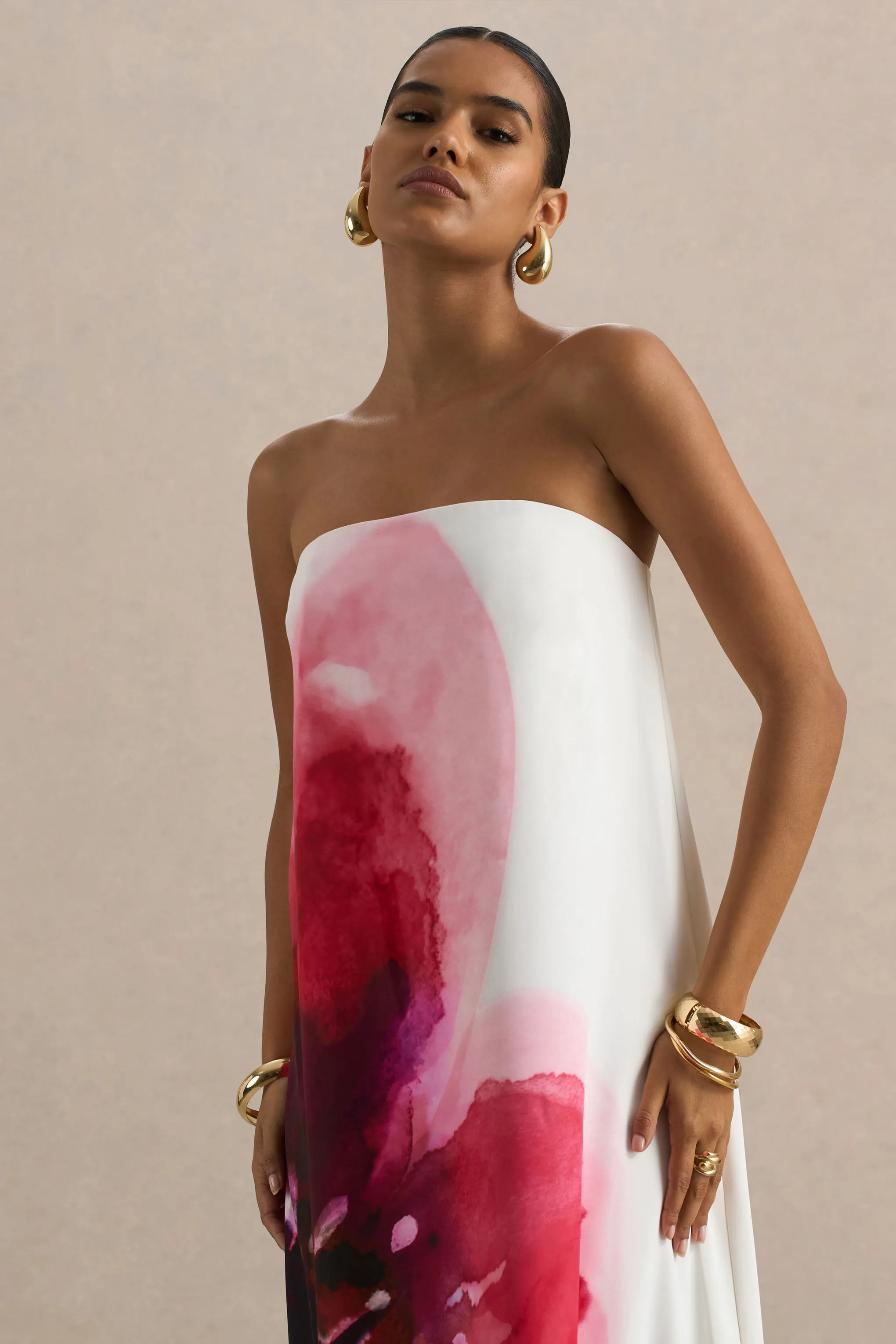 Breonna | Bright Pink Floral Placement Print Bandeau Maxi Dress sold by Club L London product image thumbnail 5