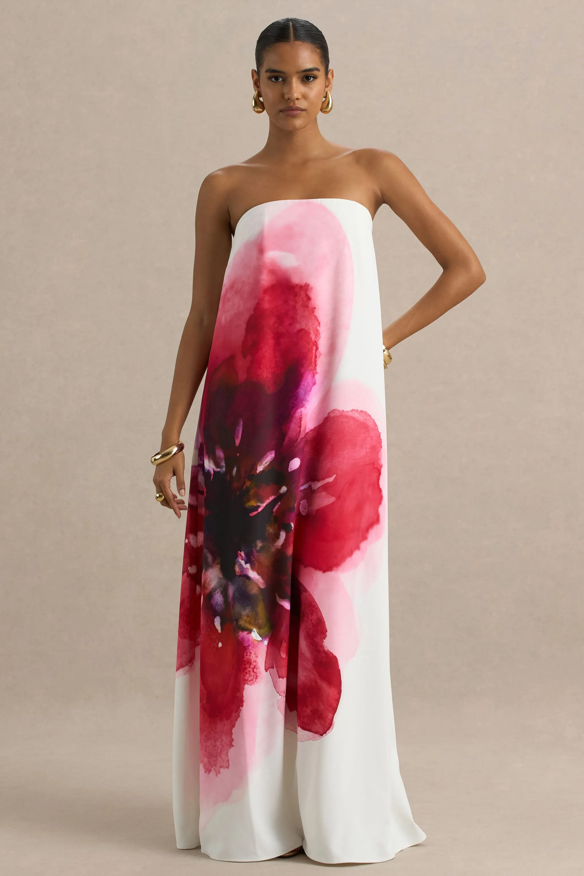 Breonna | Bright Pink Floral Placement Print Bandeau Maxi Dress sold by Club L London product image thumbnail 3