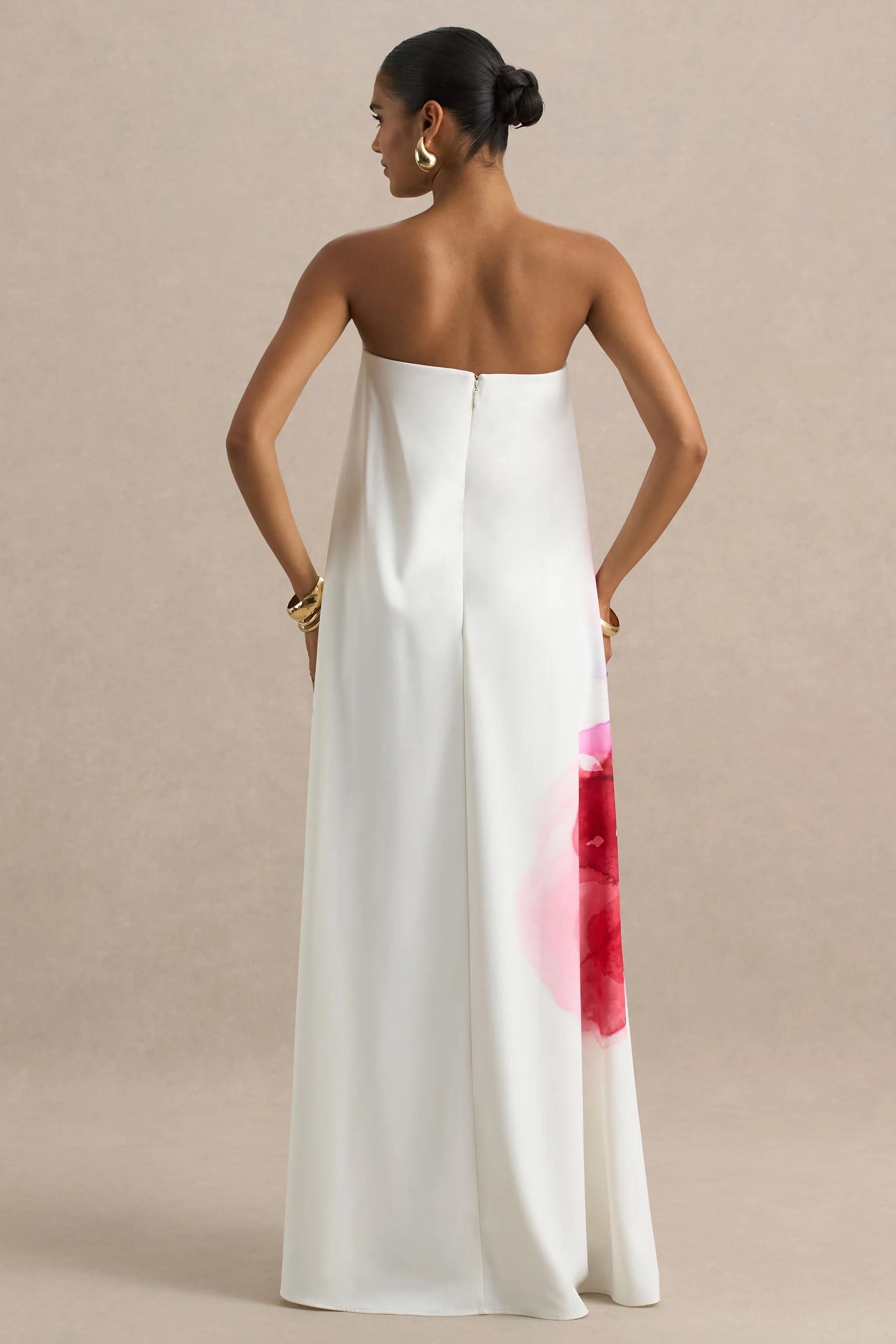 Breonna | Bright Pink Floral Placement Print Bandeau Maxi Dress sold by Club L London product image thumbnail 2