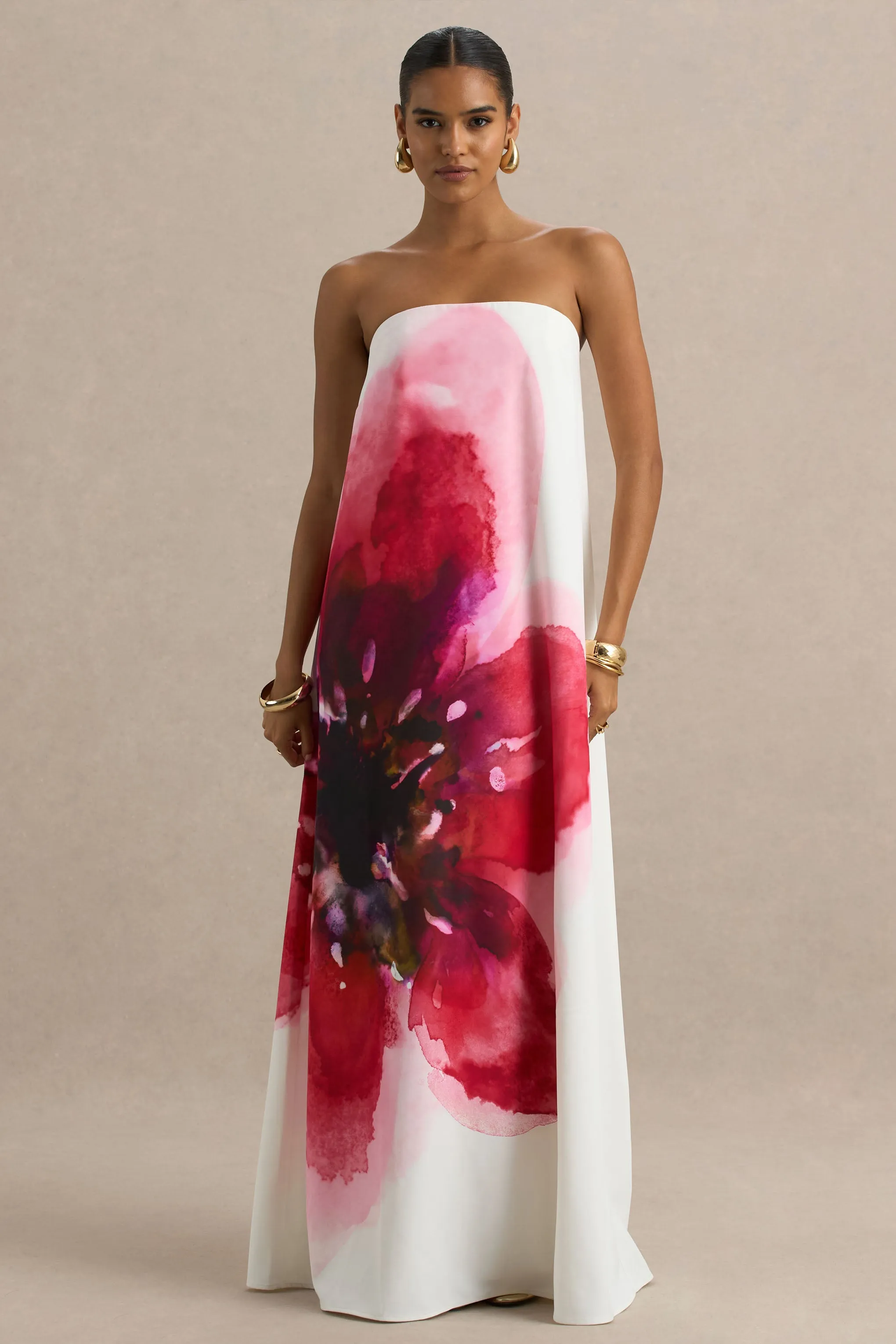 Breonna | Bright Pink Floral Placement Print Bandeau Maxi Dress sold by Club L London